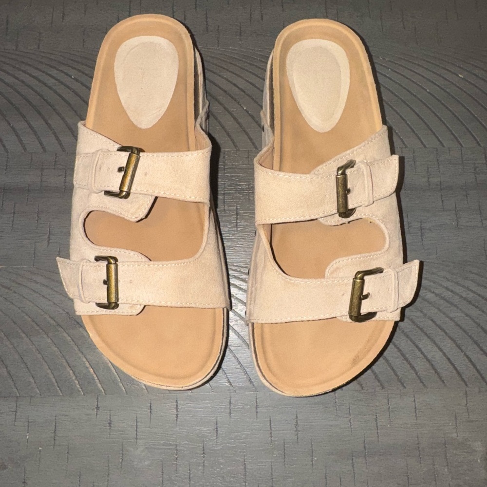 JustFab Cream Double Buckle Sandals
